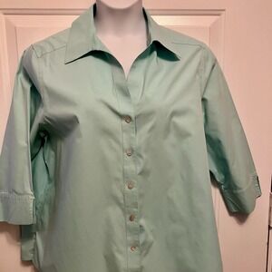Foxcroft Plus Size 16W Wrinkle Free Button Up Shirt Aqua Blue 3/4 Sleeve Womens